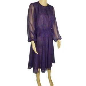 1970s Purple Sheer Leopard Print Peplum Midi Dress Long Sleeve Size 10 Vintage